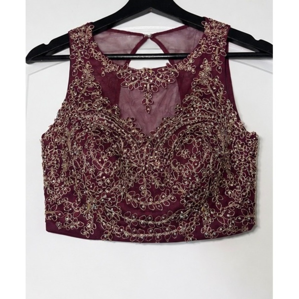 Xscape Burgundy Gold Embroidered 2 Piece  Set Sequin Rhinestone Maxi